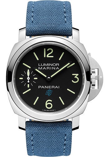 Panerai Luminor Logo - 44mm - Brushed Steel - Black Dial - Blue Canvas Strap - PAM00777 - Luxury Time NYC