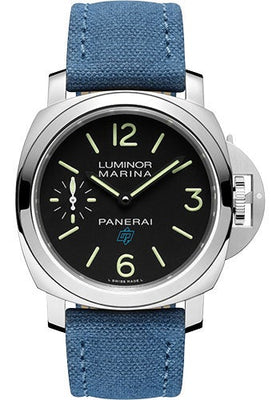 Panerai Luminor Logo - 44mm - Brushed Steel - Black Dial - Blue Canvas Strap - PAM00777 - Luxury Time NYC