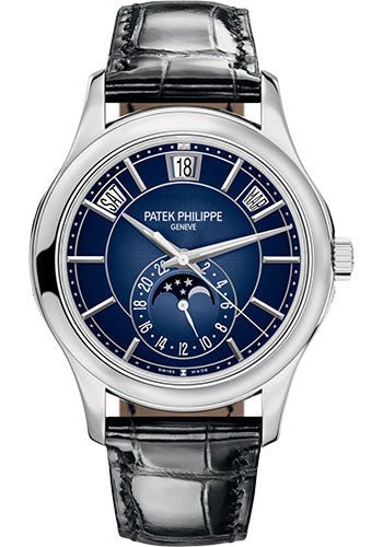 Patek Philippe Complications Annual Calendar Moon Phases White Gold Blue Sunburst Dial 5205G 013