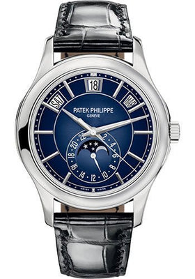 Patek Philippe Complications Annual Calendar Moon Phases - White Gold - Blue Sunburst Dial - 5205G-013 - Luxury Time NYC