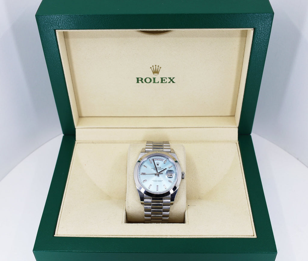 Rolex 950 Platinum Day-Date 40 Watch - Smooth Bezel - Ice Blue Diagonal  Motif Index Dial - President Bracelet - 228206 ibdmip