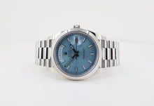 Load image into Gallery viewer, Rolex 950 Platinum Day-Date 40 Watch - Smooth Bezel - Ice Blue Diagonal Motif Index Dial - President Bracelet - 228206 ibdmip - Luxury Time NYC