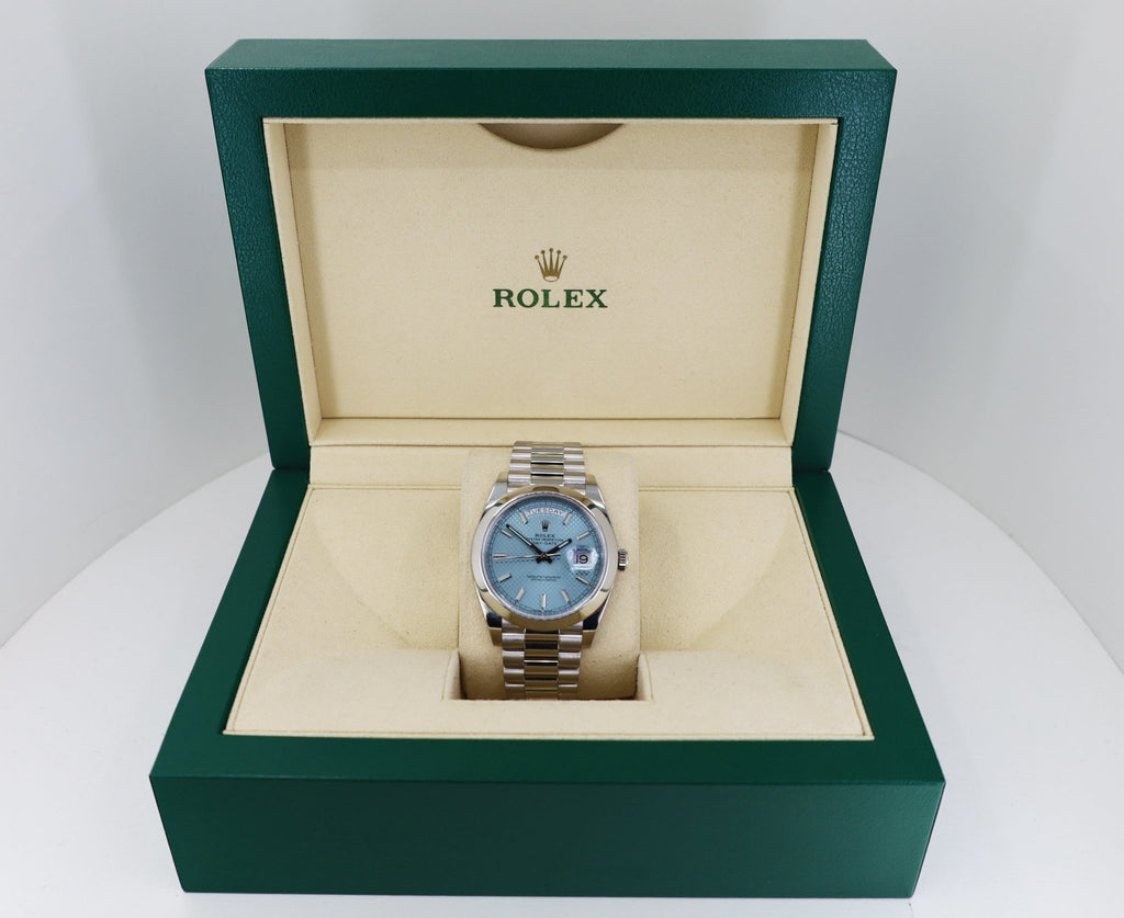 Rolex 950 Platinum Day-Date 40 Watch - Smooth Bezel - Ice Blue Diagonal Motif Index Dial - President Bracelet - 228206 ibdmip - Luxury Time NYC