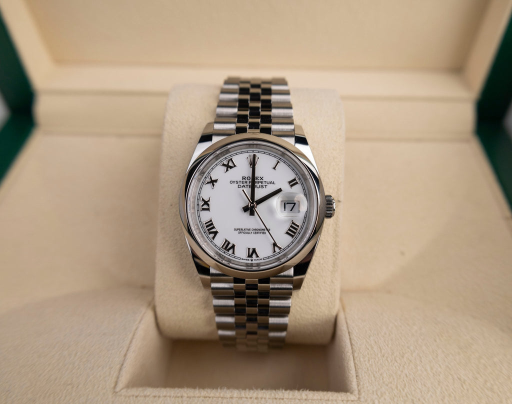 Rolex Datejust 36 Stainless Steel White Roman Dial & Smooth Domed Bezel Jubilee Bracelet 126200 - Luxury Time NYC