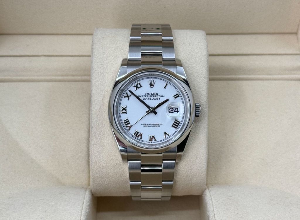 Rolex Datejust 36 Stainless Steel White Roman Dial & Smooth Domed Bezel Oyster Bracelet 126200 - Luxury Time NYC