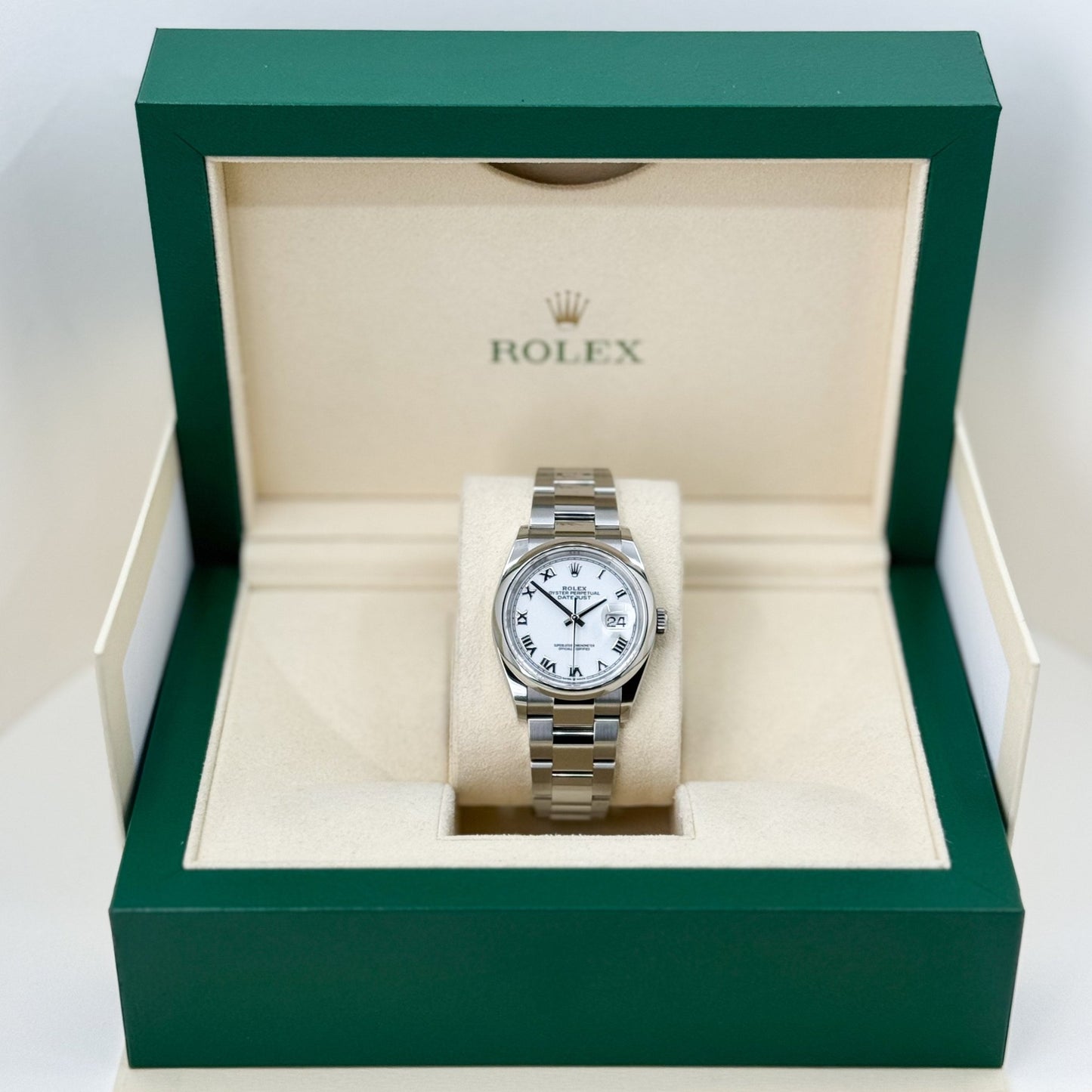 Rolex Datejust 36 Stainless Steel White Roman Dial & Smooth Domed Bezel Oyster Bracelet 126200 - Luxury Time NYC
