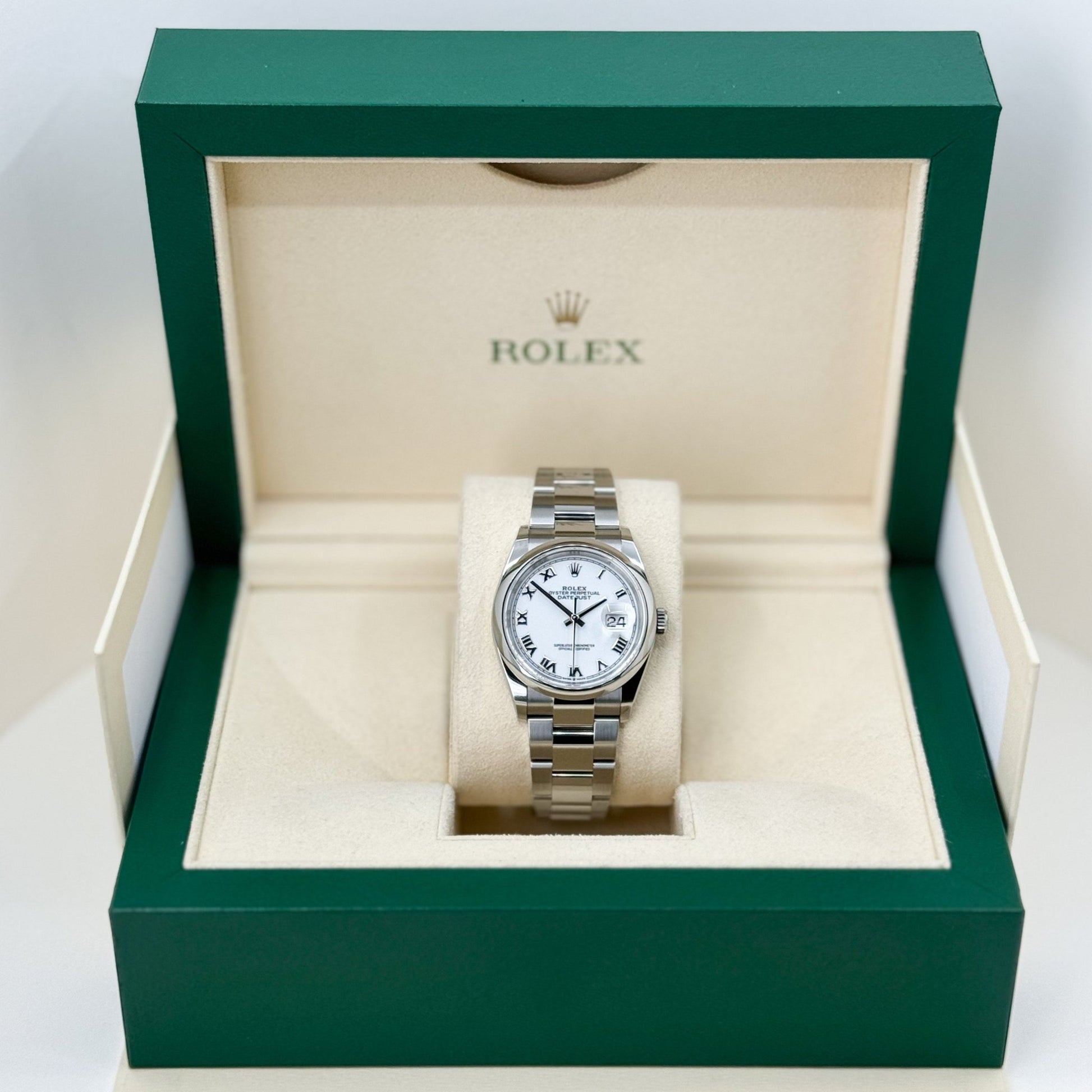 Rolex Datejust 36 Stainless Steel White Roman Dial & Smooth Domed Bezel Oyster Bracelet 126200 - Luxury Time NYC