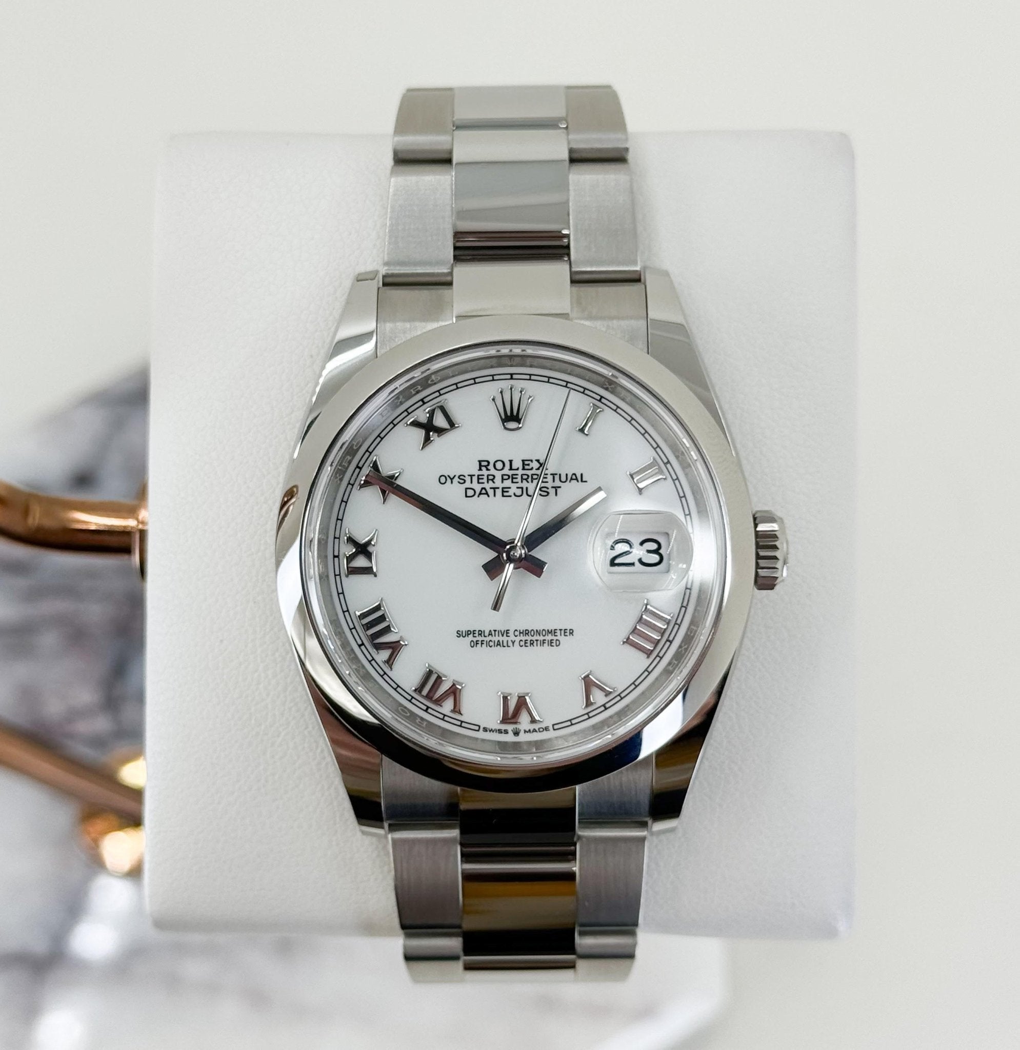 Rolex Datejust 36 Stainless Steel White Roman Dial & Smooth Domed Bezel Oyster Bracelet 126200 - Luxury Time NYC