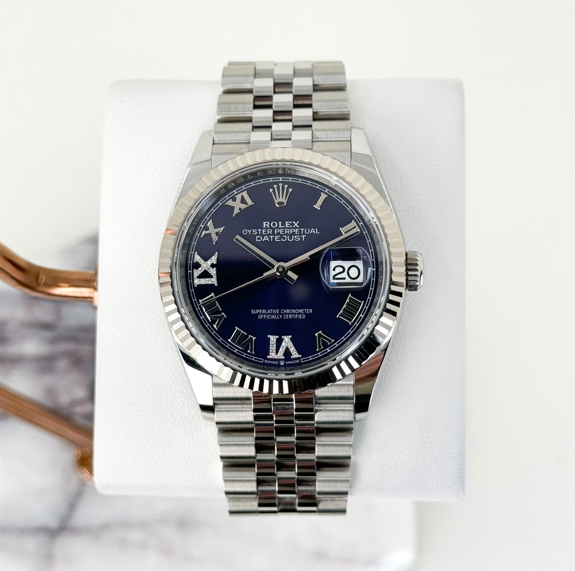 Rolex Datejust 36 White Gold/Steel Aubergine Roman & Diamond Dial & Fluted Bezel Jubilee Bracelet 126234 - Luxury Time NYC