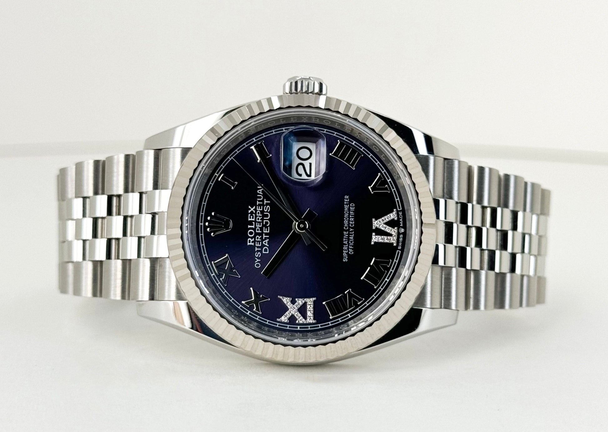 Rolex Datejust 36 White Gold/Steel Aubergine Roman & Diamond Dial & Fluted Bezel Jubilee Bracelet 126234 - Luxury Time NYC