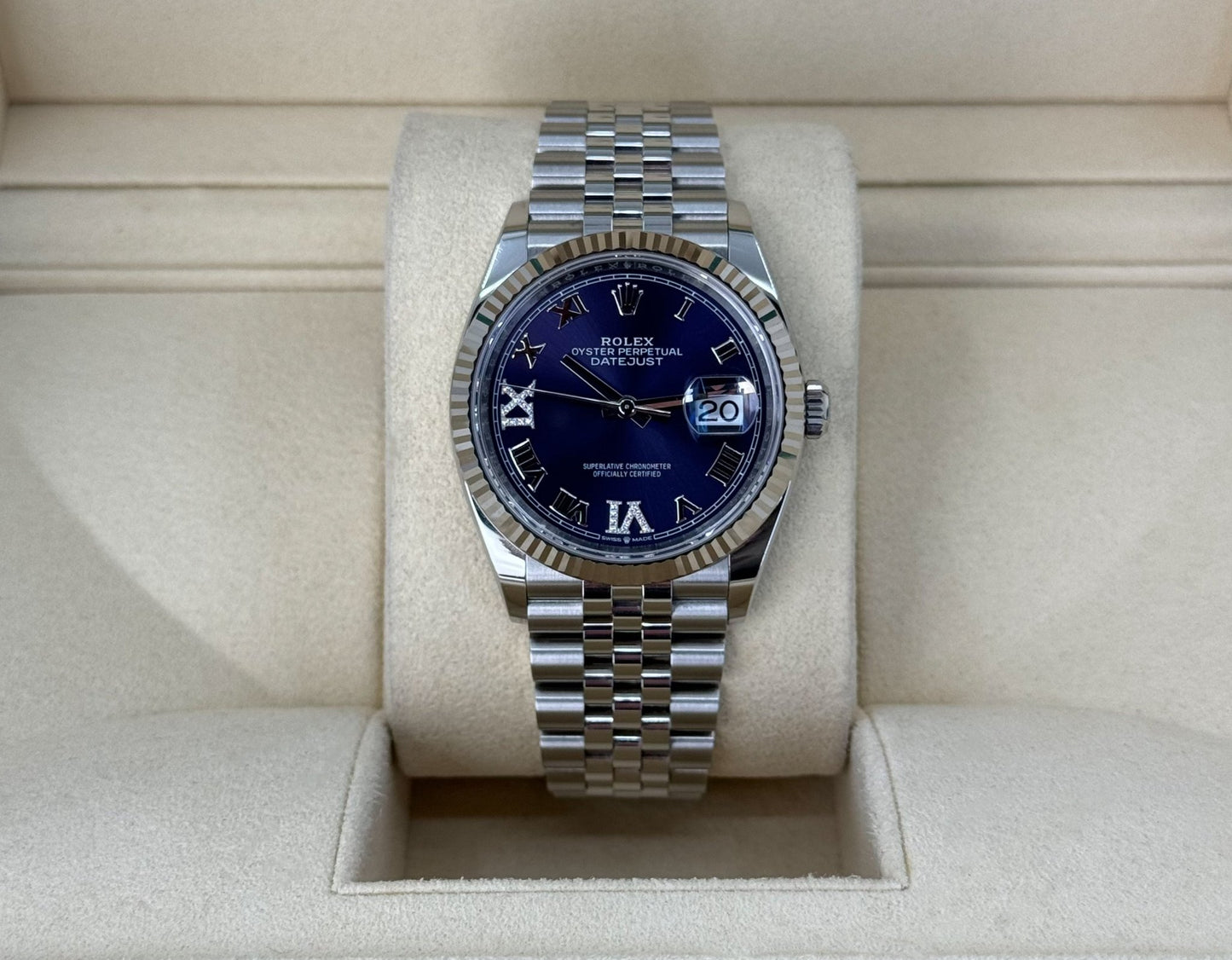Rolex Datejust 36 White Gold/Steel Aubergine Roman & Diamond Dial & Fluted Bezel Jubilee Bracelet 126234 - Luxury Time NYC