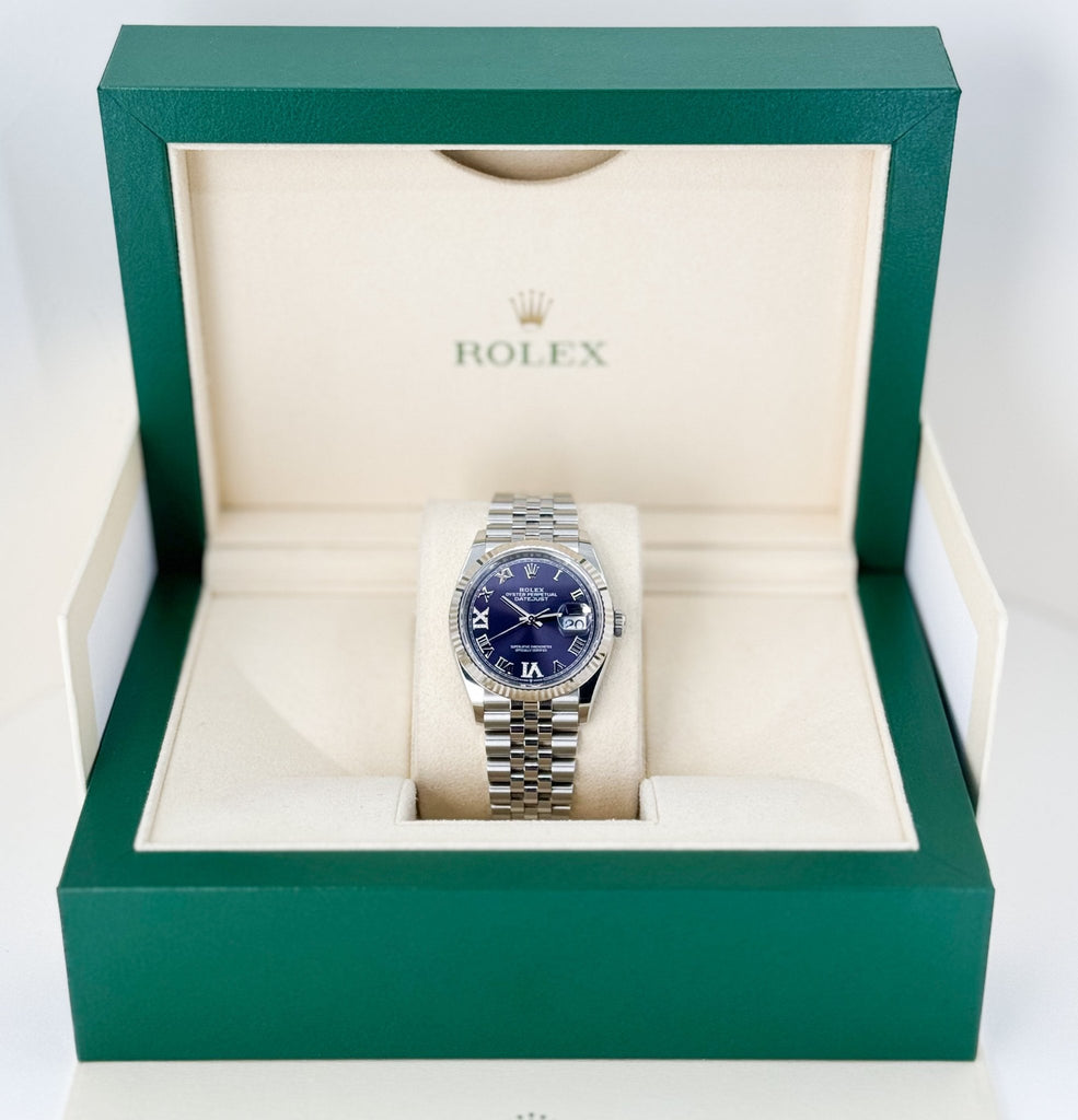 Rolex Datejust 36 White Gold/Steel Aubergine Roman & Diamond Dial & Fluted Bezel Jubilee Bracelet 126234 - Luxury Time NYC