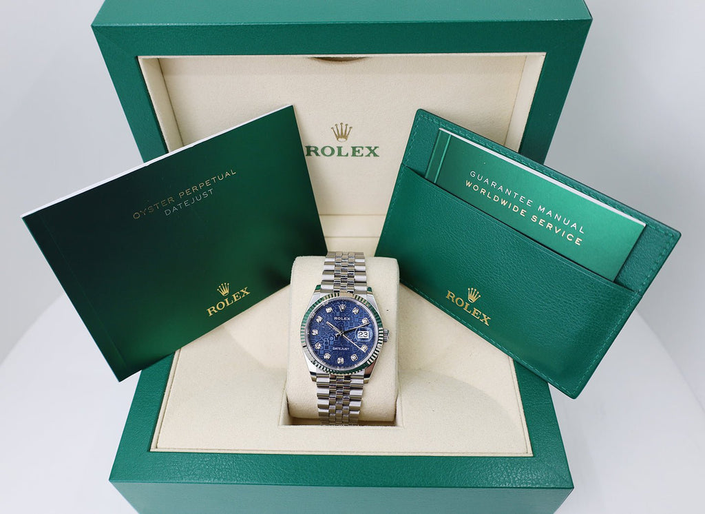 Rolex Datejust 36 White Gold/Steel Blue Diamond Dial & Fluted Bezel Jubilee Bracelet 126234 - Luxury Time NYC