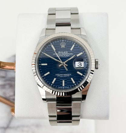 Rolex Datejust 36 White Gold/Steel Blue Motif Index Dial & Fluted Bezel Oyster Bracelet 126234 - Luxury Time NYC