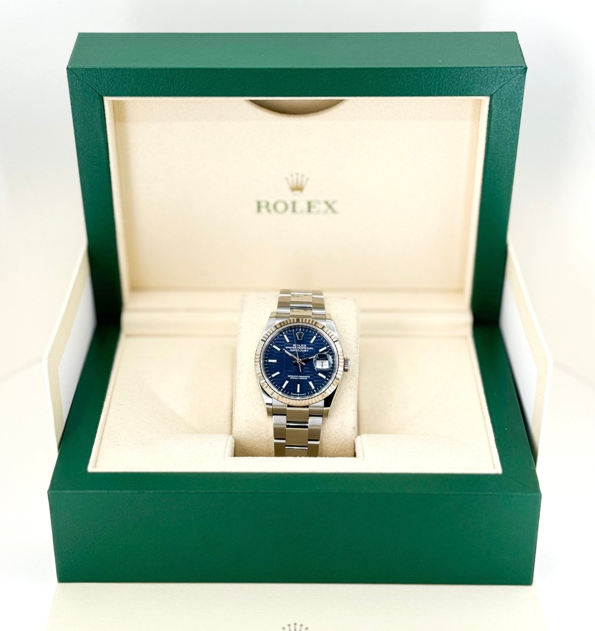 Rolex Datejust 36 White Gold/Steel Blue Motif Index Dial & Fluted Bezel Oyster Bracelet 126234 - Luxury Time NYC