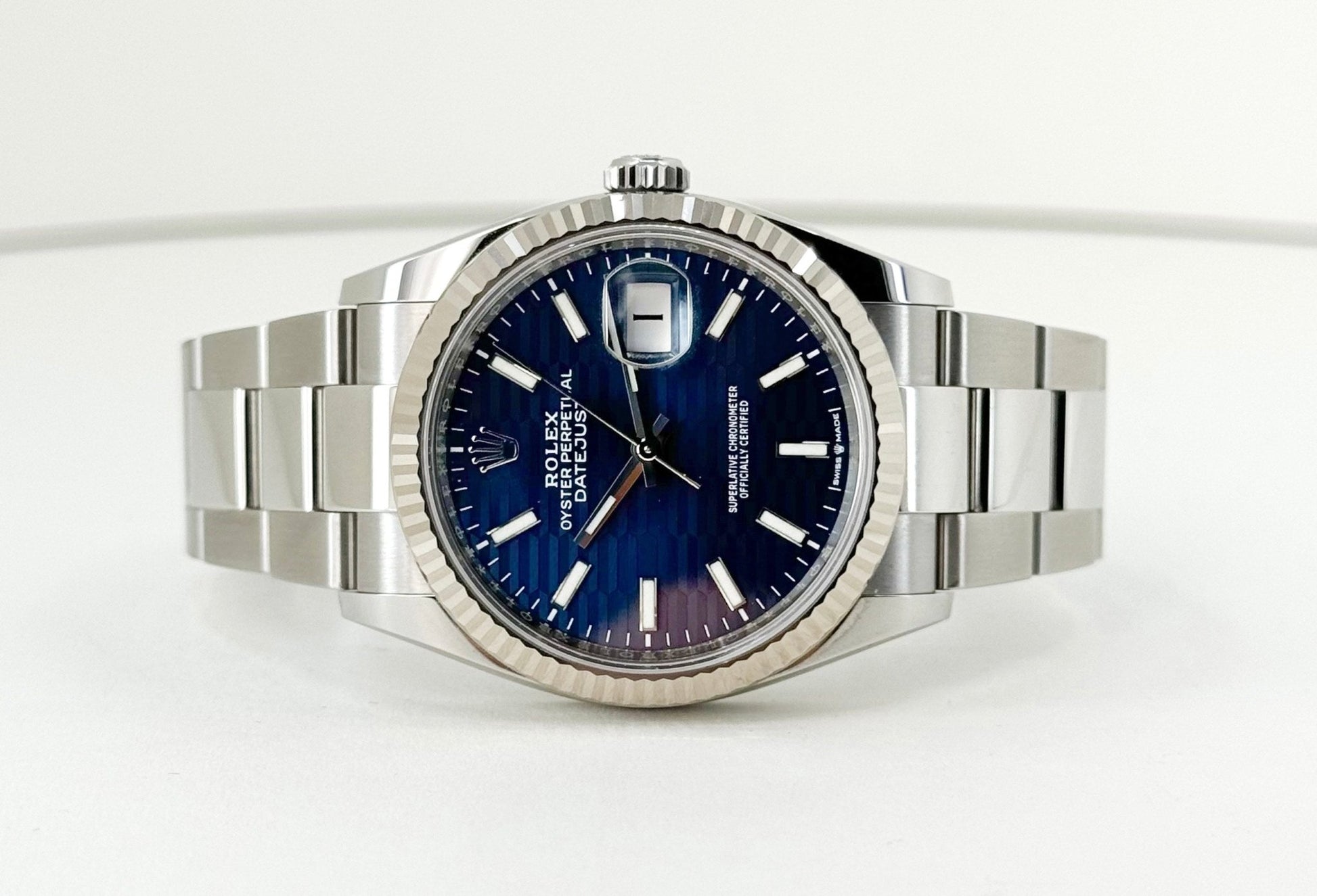 Rolex Datejust 36 White Gold/Steel Blue Motif Index Dial & Fluted Bezel Oyster Bracelet 126234 - Luxury Time NYC