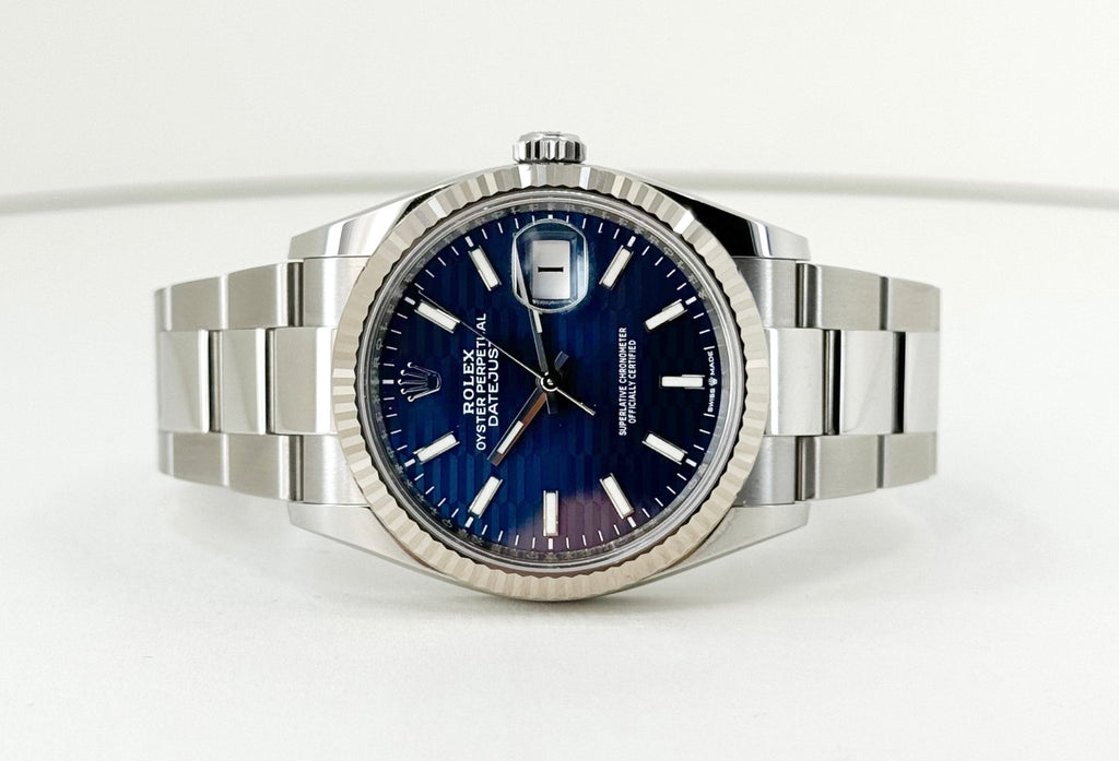 Rolex Datejust 36 White Gold/Steel Blue Motif Index Dial & Fluted Bezel Oyster Bracelet 126234 - Luxury Time NYC