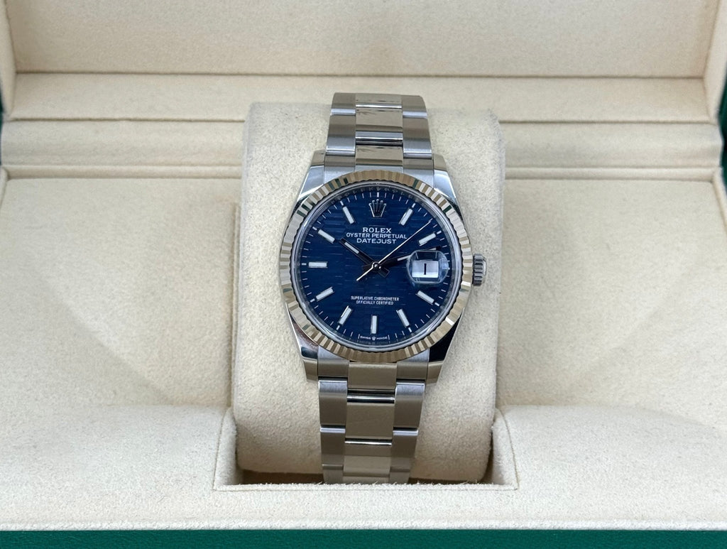 Rolex Datejust 36 White Gold/Steel Blue Motif Index Dial & Fluted Bezel Oyster Bracelet 126234 - Luxury Time NYC