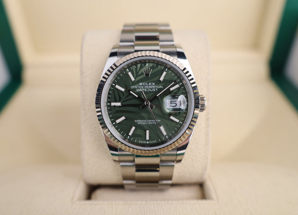 Rolex Datejust 36 White Gold/Steel Green Palm Motif Index Dial & Fluted Bezel Oyster Bracelet 126234 - Luxury Time NYC