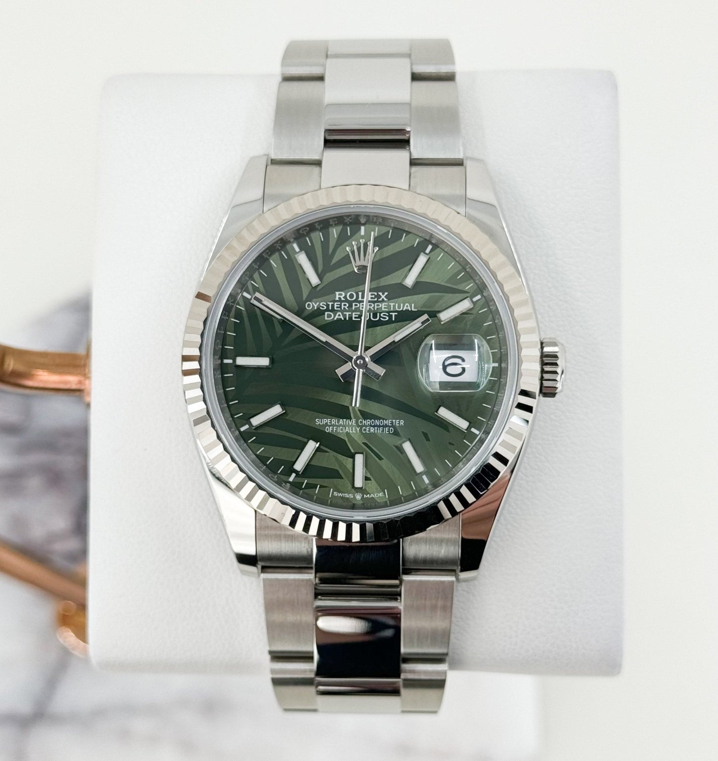 Rolex Datejust 36 White Gold/Steel Green Palm Motif Index Dial & Fluted Bezel Oyster Bracelet 126234 - Luxury Time NYC
