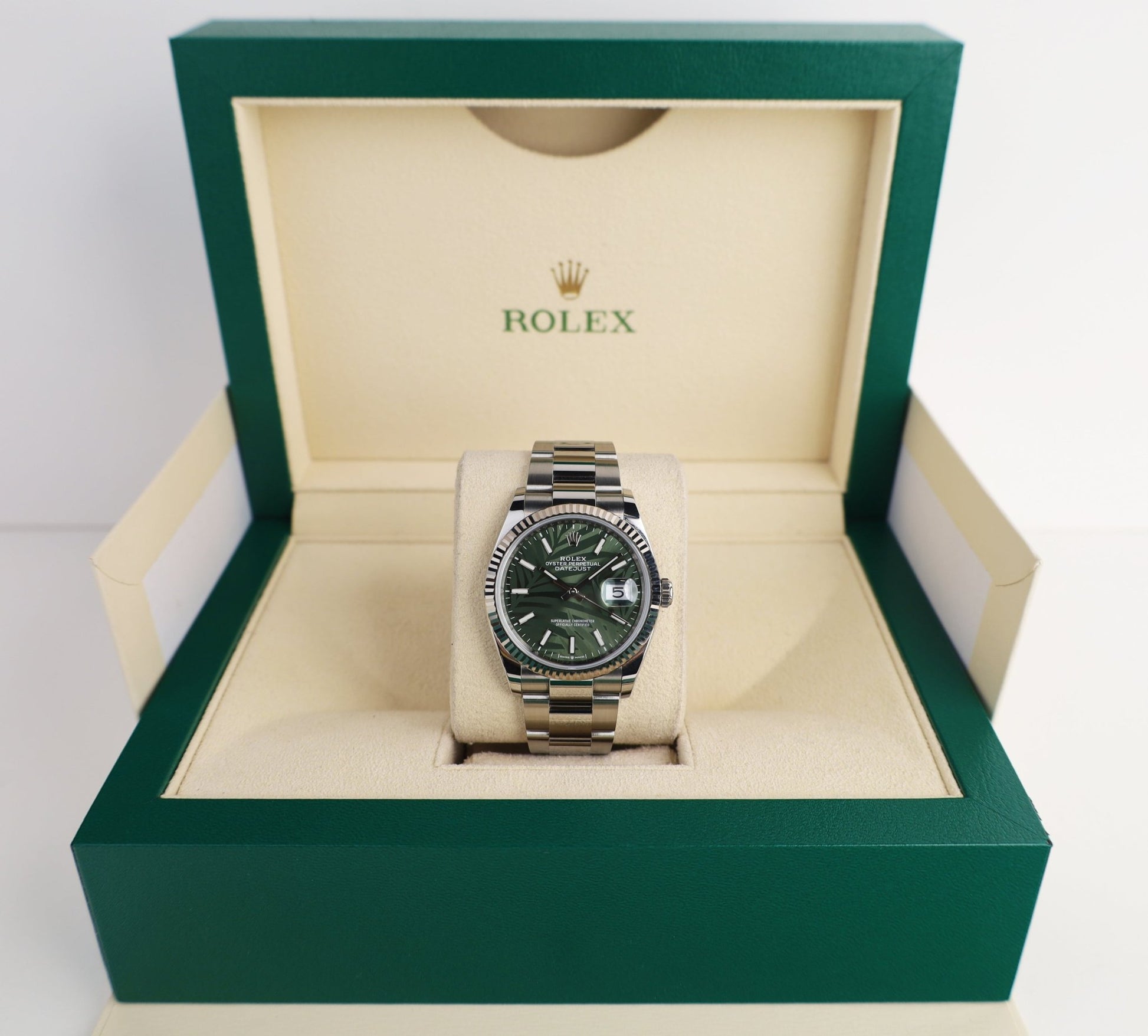 Rolex Datejust 36 White Gold/Steel Green Palm Motif Index Dial & Fluted Bezel Oyster Bracelet 126234 - Luxury Time NYC