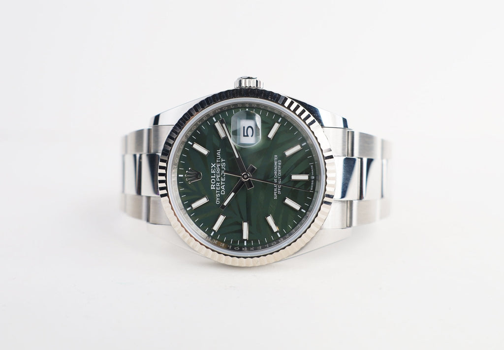 Rolex Datejust 36 White Gold/Steel Green Palm Motif Index Dial & Fluted Bezel Oyster Bracelet 126234 - Luxury Time NYC