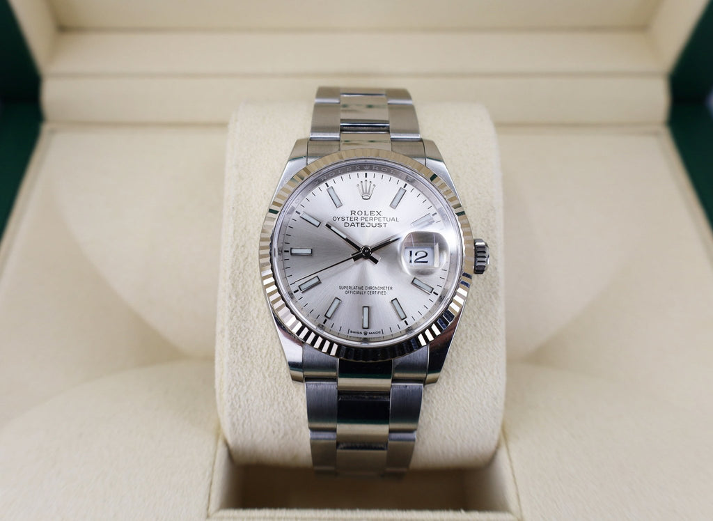 Rolex Datejust 36 White Gold/Steel Silver Index Dial & Fluted Bezel Oyster Bracelet 126234 - Luxury Time NYC