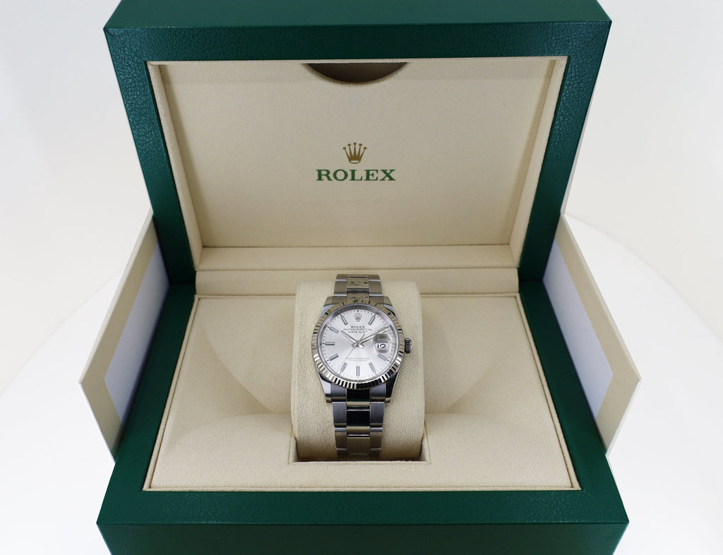 Rolex Datejust 36 White Gold/Steel Silver Index Dial & Fluted Bezel Oyster Bracelet 126234 - Luxury Time NYC