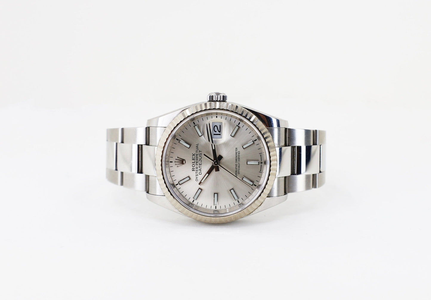 Rolex Datejust 36 White Gold/Steel Silver Index Dial & Fluted Bezel Oyster Bracelet 126234 - Luxury Time NYC