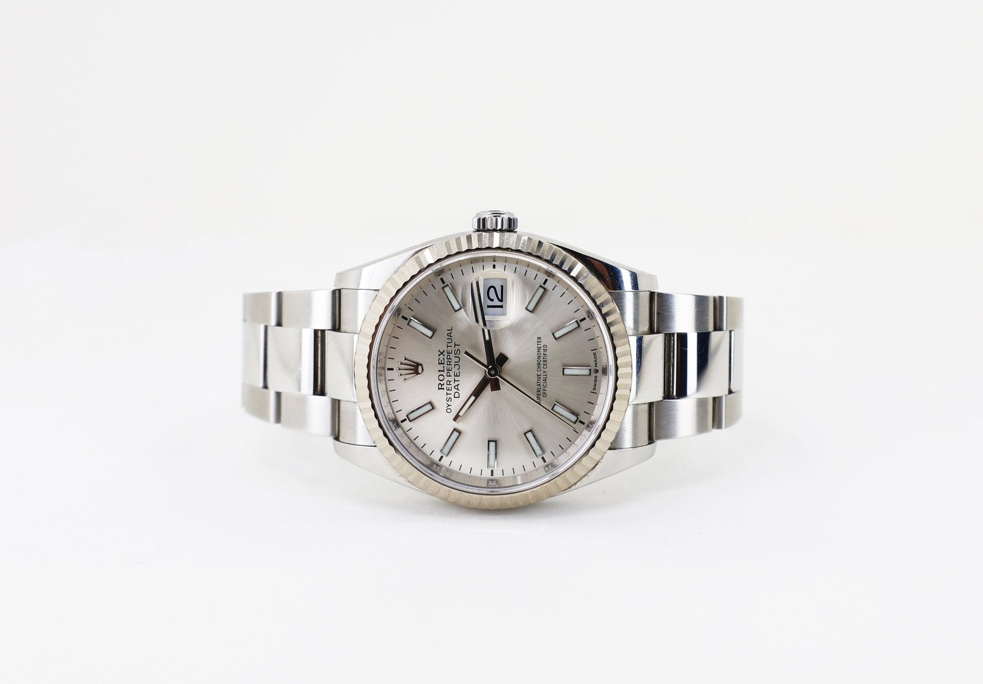 Rolex Datejust 36 White Gold/Steel Silver Index Dial & Fluted Bezel Oyster Bracelet 126234 - Luxury Time NYC