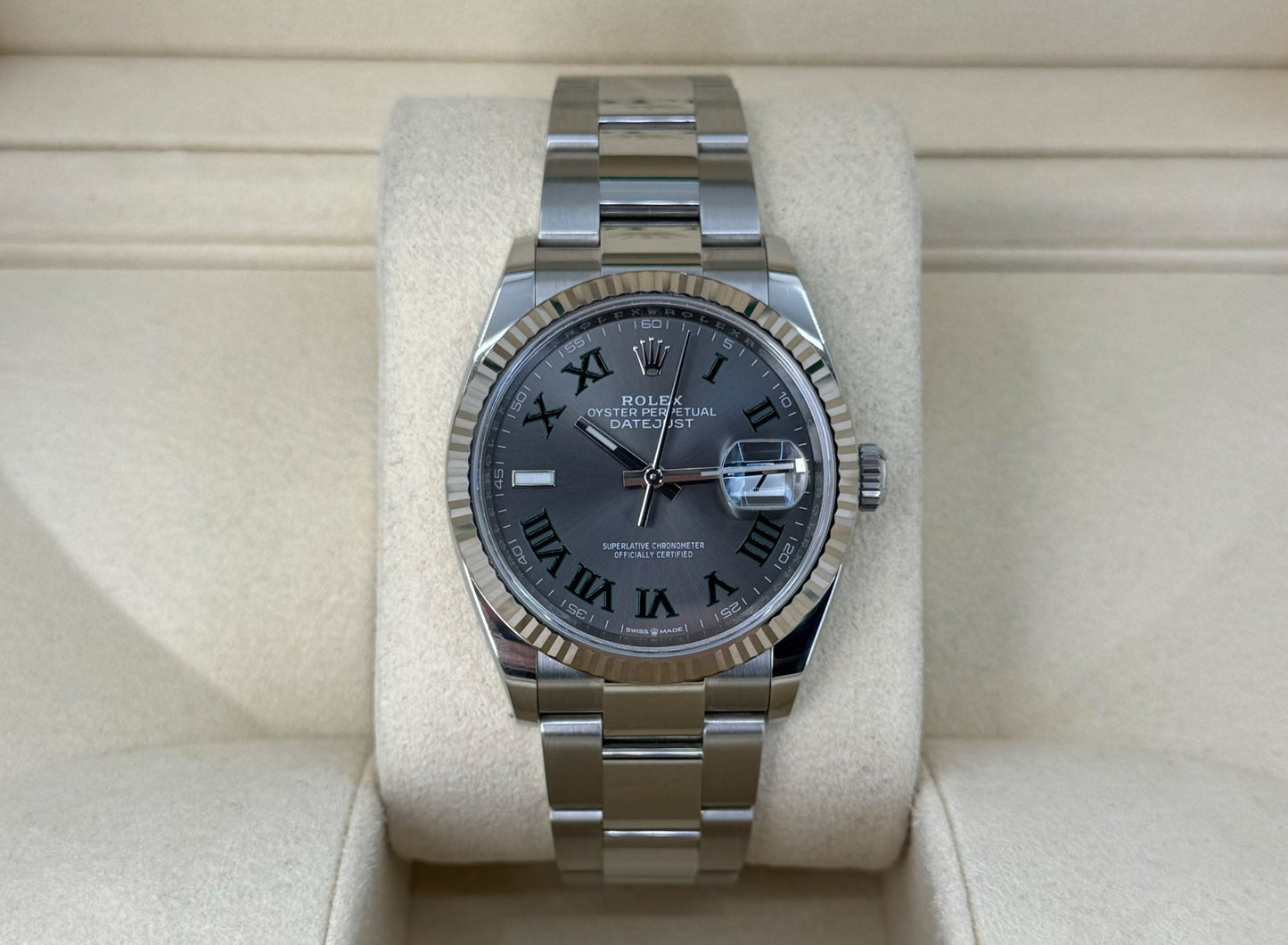 Rolex Datejust 36 White Gold/Steel Slate "Wimbledon" Roman Dial & Fluted Bezel Oyster Bracelet 126234 - Luxury Time NYC