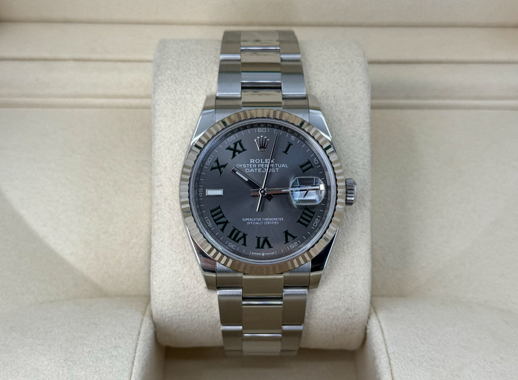Rolex Datejust 36 White Gold/Steel Slate "Wimbledon" Roman Dial & Fluted Bezel Oyster Bracelet 126234 - Luxury Time NYC