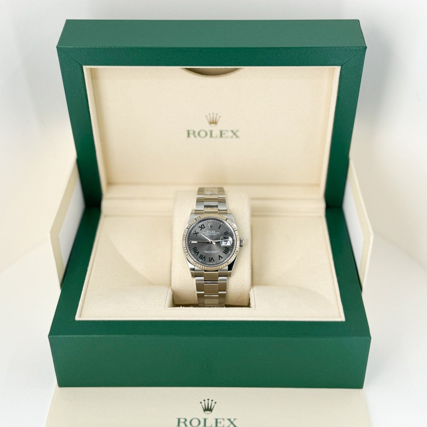 Rolex Datejust 36 White Gold/Steel Slate "Wimbledon" Roman Dial & Fluted Bezel Oyster Bracelet 126234 - Luxury Time NYC