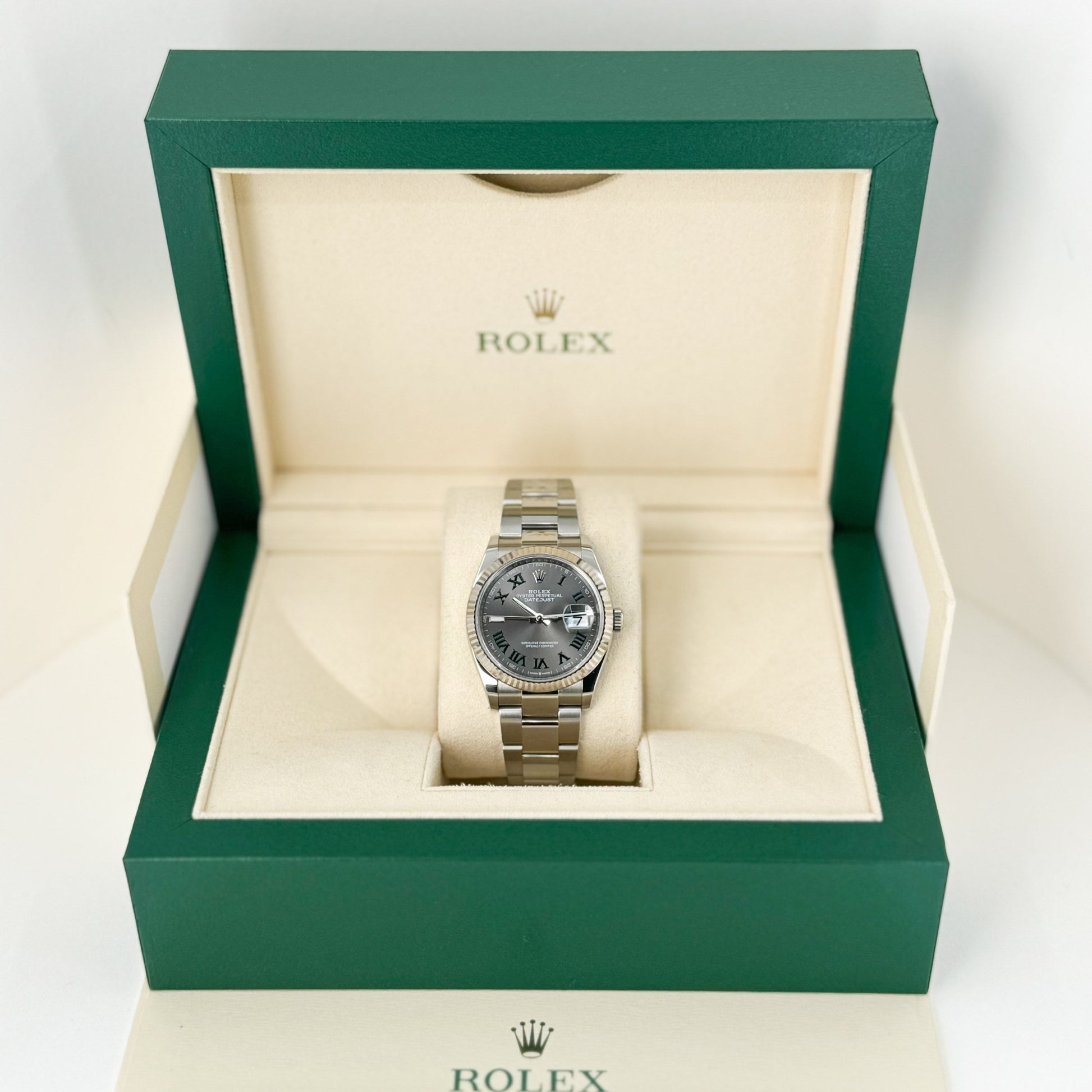 Rolex Datejust 36 White Gold/Steel Slate "Wimbledon" Roman Dial & Fluted Bezel Oyster Bracelet 126234 - Luxury Time NYC