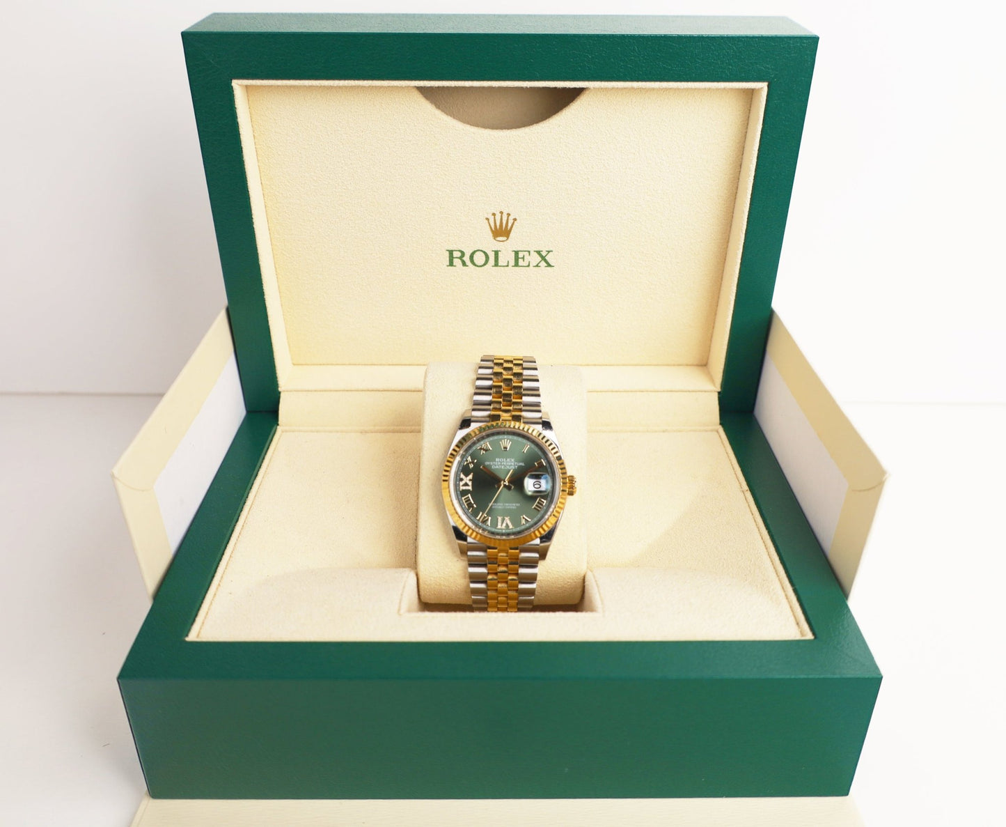 Rolex Datejust 36 Yellow Gold/Steel Olive Green Roman Diamond VI Dial & Fluted Bezel Jubilee Bracelet 126233 - Luxury Time NYC