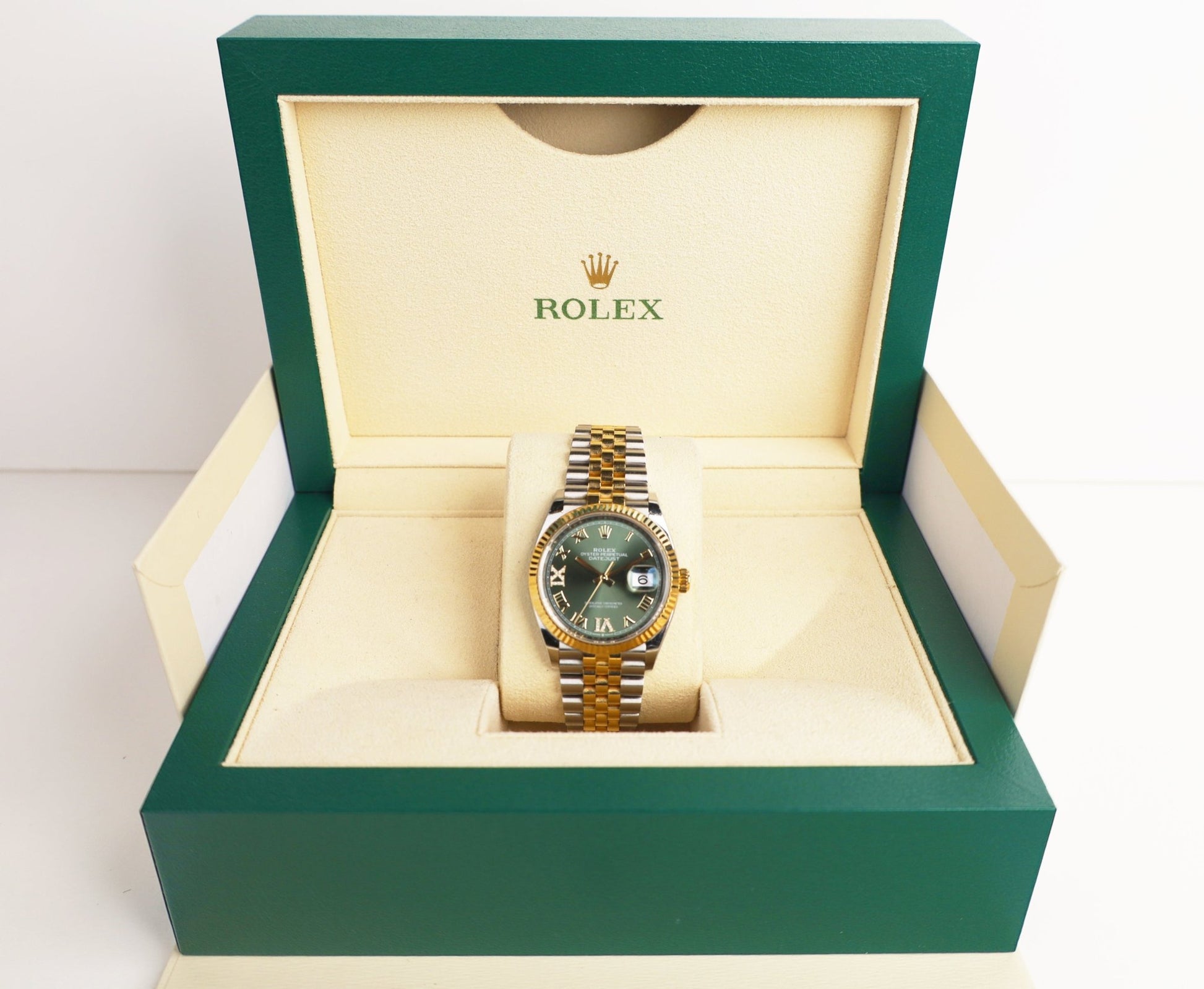 Rolex Datejust 36 Yellow Gold/Steel Olive Green Roman Diamond VI Dial & Fluted Bezel Jubilee Bracelet 126233 - Luxury Time NYC