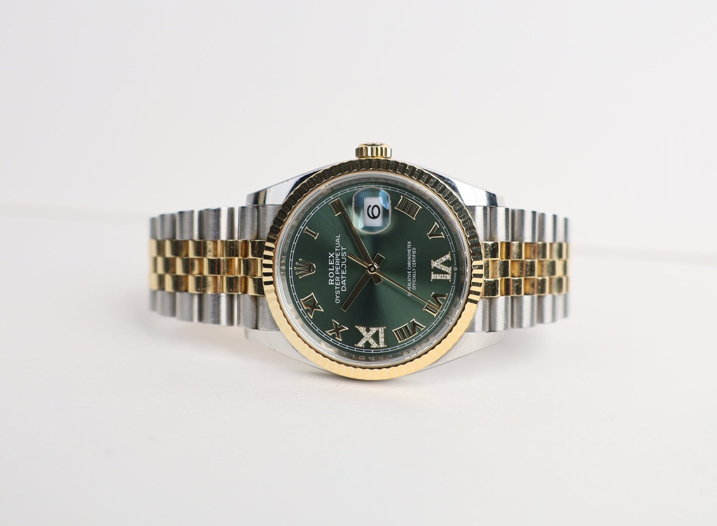 Rolex Datejust 36 Yellow Gold/Steel Olive Green Roman Diamond VI Dial & Fluted Bezel Jubilee Bracelet 126233 - Luxury Time NYC