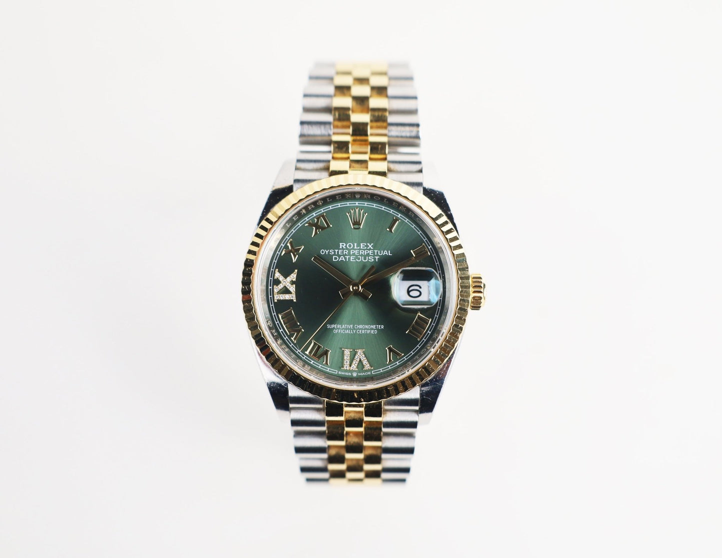 Rolex Datejust 36 Yellow Gold/Steel Olive Green Roman Diamond VI Dial & Fluted Bezel Jubilee Bracelet 126233 - Luxury Time NYC