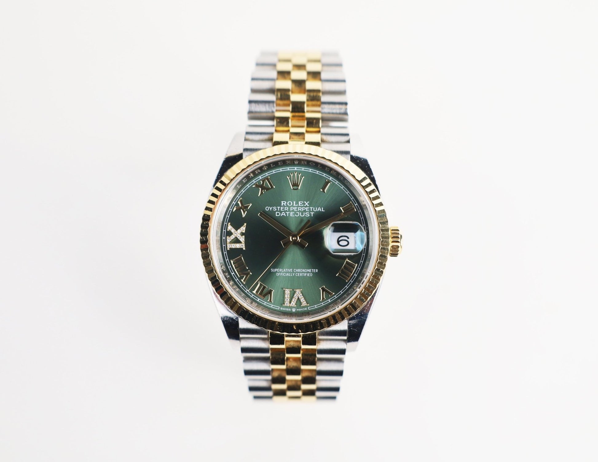 Rolex Datejust 36 Yellow Gold/Steel Olive Green Roman Diamond VI Dial & Fluted Bezel Jubilee Bracelet 126233 - Luxury Time NYC