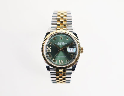 Rolex Datejust 36 Yellow Gold/Steel Olive Green Roman Diamond VI Dial & Fluted Bezel Jubilee Bracelet 126233 - Luxury Time NYC