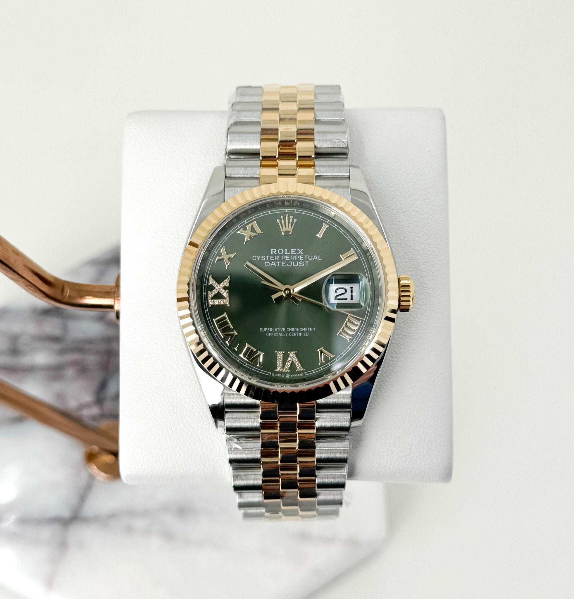 Rolex Datejust 36 Yellow Gold/Steel Olive Green Roman Diamond VI Dial & Fluted Bezel Jubilee Bracelet 126233 - Luxury Time NYC