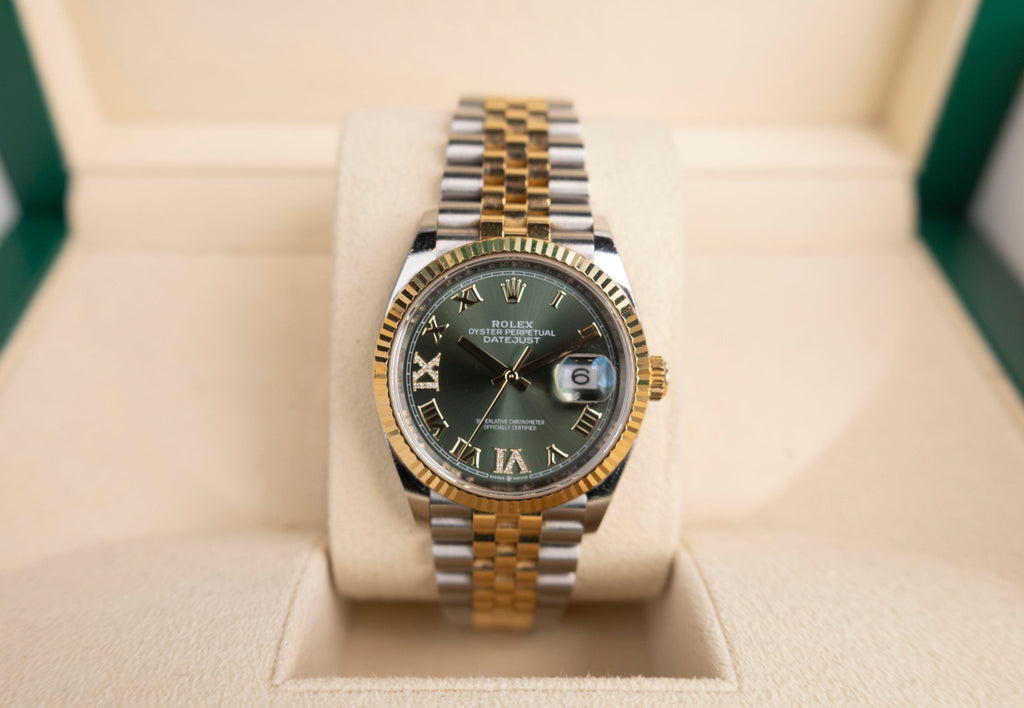 Rolex Datejust 36 Yellow Gold/Steel Olive Green Roman Diamond VI Dial & Fluted Bezel Jubilee Bracelet 126233 - Luxury Time NYC