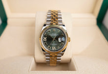 Load image into Gallery viewer, Rolex Datejust 36 Yellow Gold/Steel Olive Green Roman Diamond VI Dial &amp; Fluted Bezel Jubilee Bracelet 126233 - Luxury Time NYC