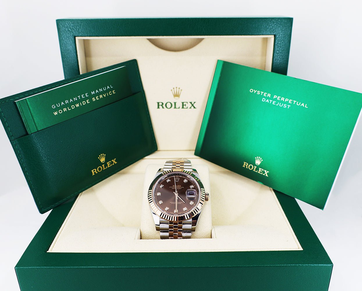 Rolex Datejust 41 Rose Gold/Steel Chocolate Diamond Dial Fluted Bezel Jubilee Bracelet 126331 - Luxury Time NYC