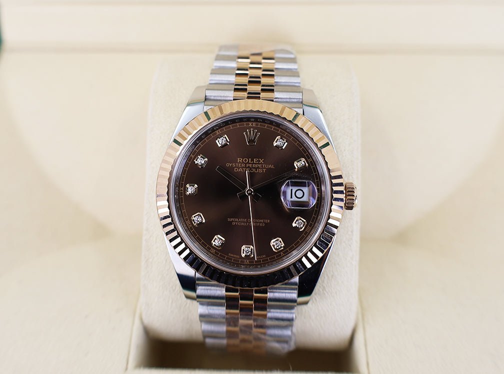 Rolex Datejust 41 Rose Gold/Steel Chocolate Diamond Dial Fluted Bezel Jubilee Bracelet 126331 - Luxury Time NYC