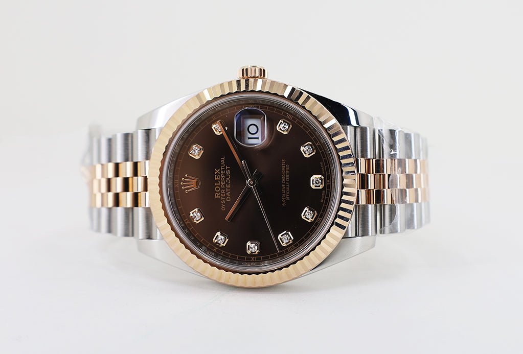 Rolex Datejust 41 Rose Gold/Steel Chocolate Diamond Dial Fluted Bezel Jubilee Bracelet 126331 - Luxury Time NYC