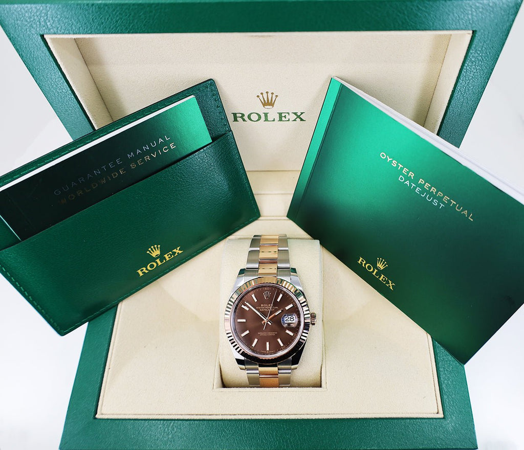 Rolex Datejust 41 Rose Gold/Steel Chocolate Index Dial Fluted Bezel Oyster Bracelet 126331 - Luxury Time NYC