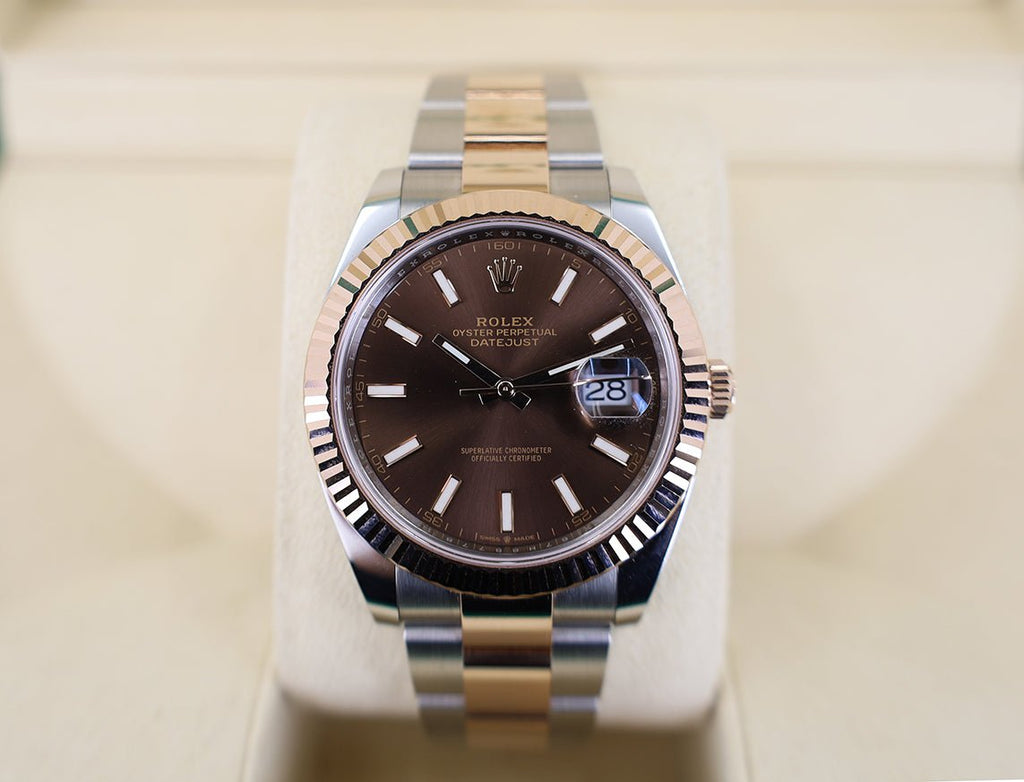 Rolex Datejust 41 Rose Gold/Steel Chocolate Index Dial Fluted Bezel Oyster Bracelet 126331 - Luxury Time NYC