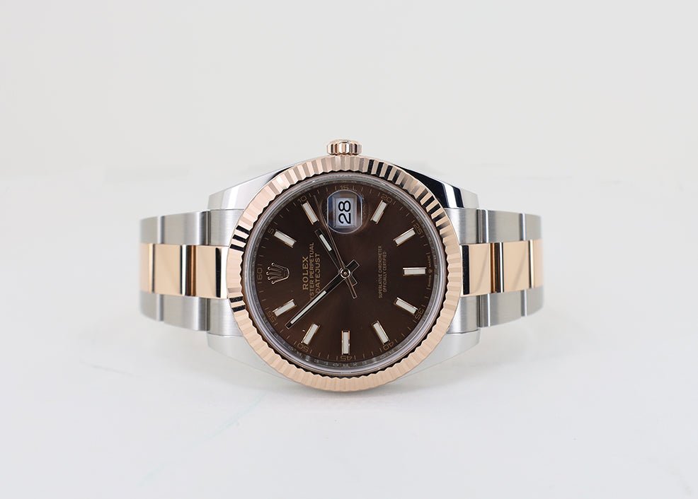 Rolex Datejust 41 Rose Gold/Steel Chocolate Index Dial Fluted Bezel Oyster Bracelet 126331 - Luxury Time NYC