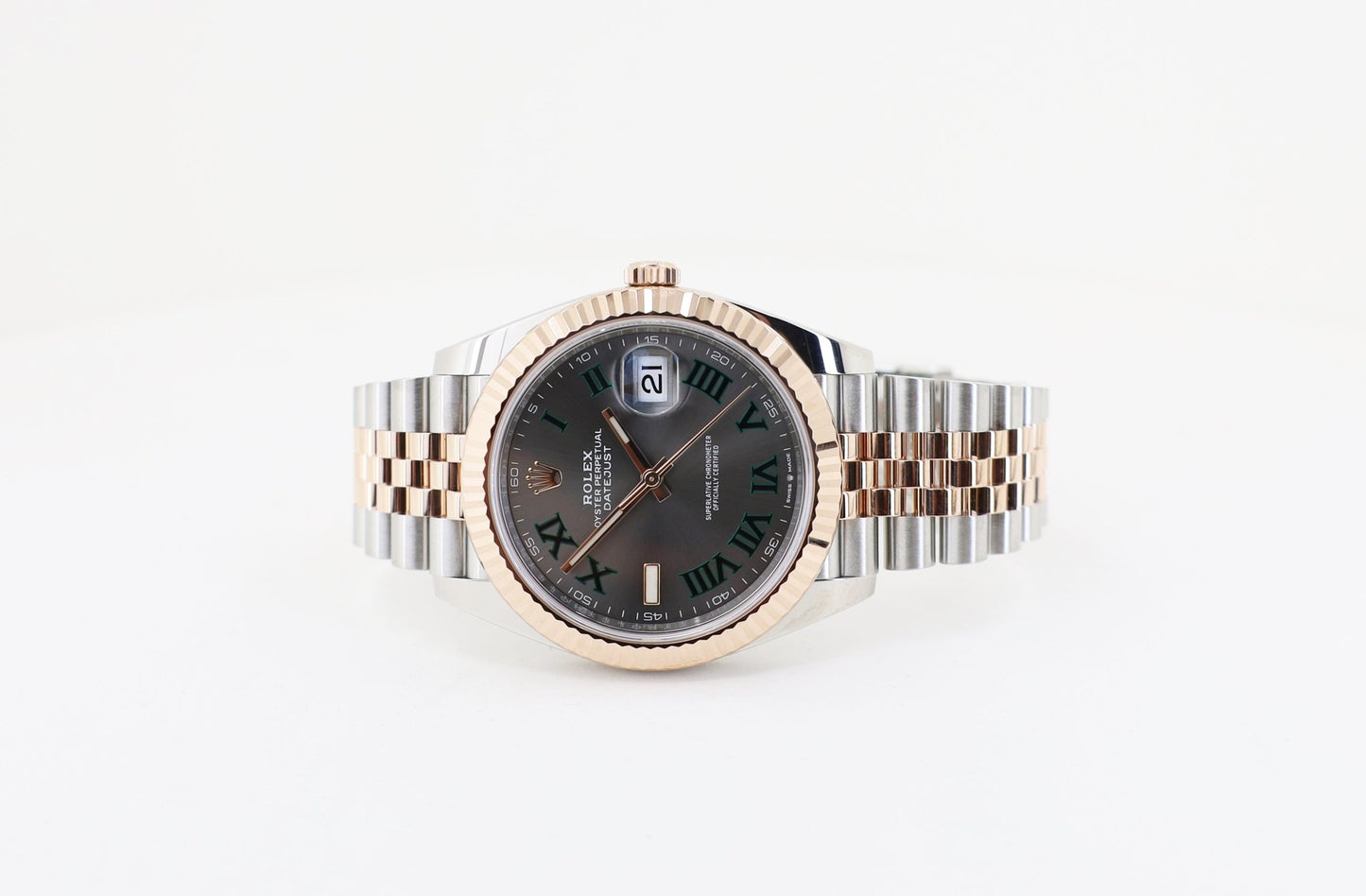 Rolex Datejust 41 Rose Gold/Steel Slate Roman Dial Fluted Bezel Jubilee Bracelet 126331 - Luxury Time NYC